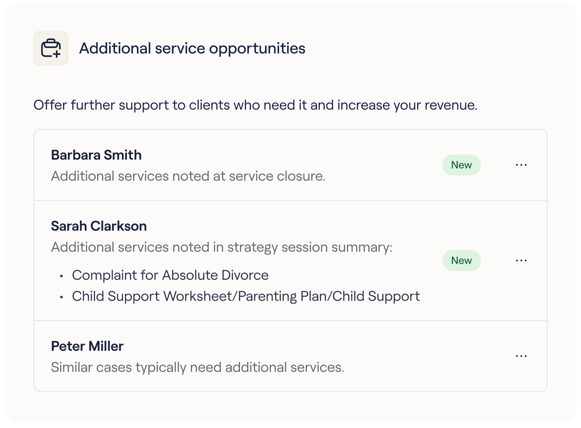 Additional service opportunities card in the attorney feed