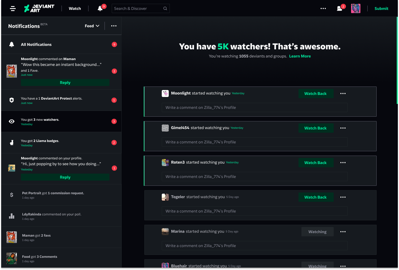 Watchers page, showing recent watchers and watch back actions