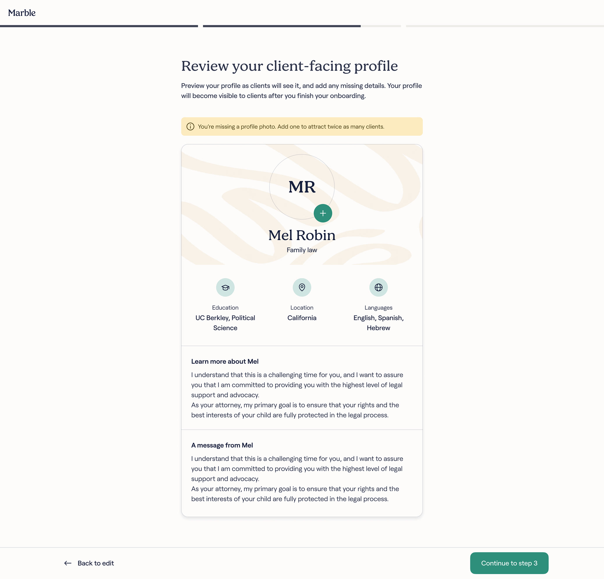 Client facing profile with no photo