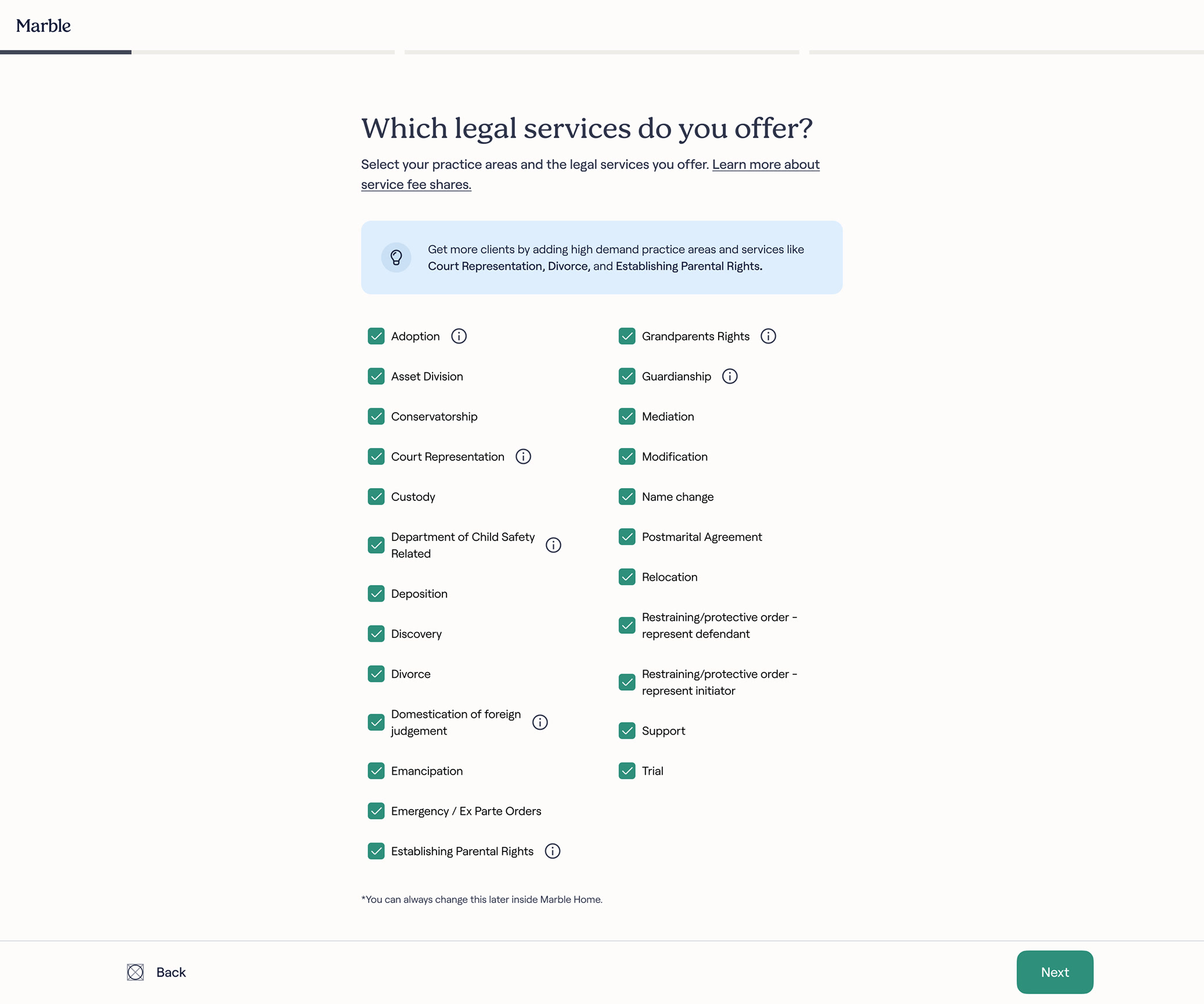 Legal services, family practice