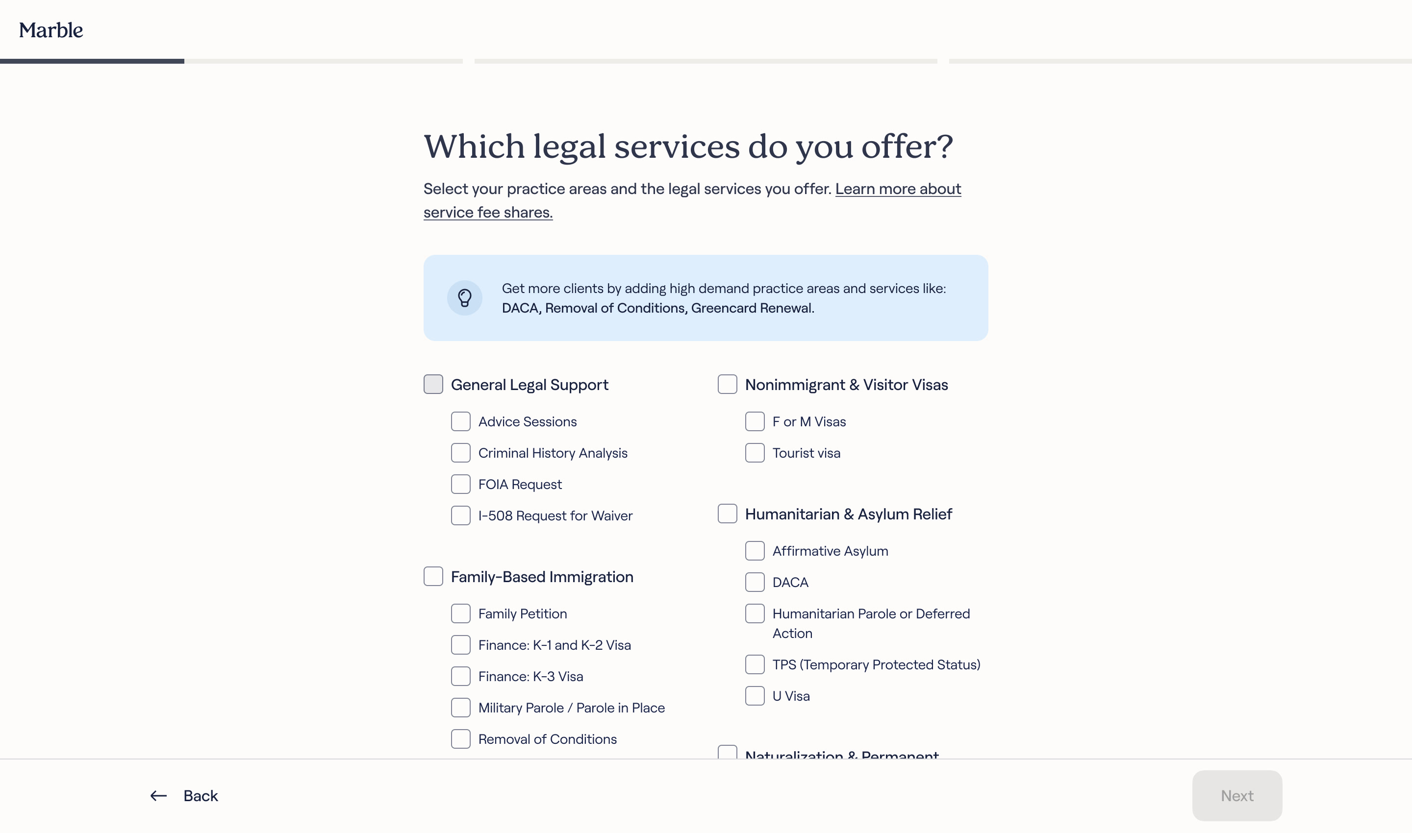Legal services, immigration grouped